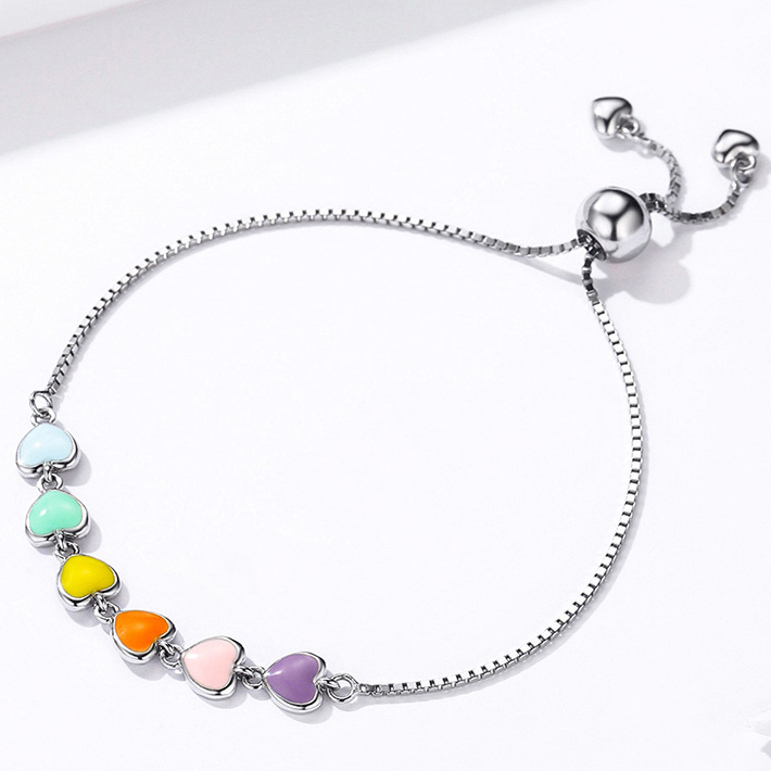 Bracelet Coeurs Colorés en argent 925 plaqué or blanc ajustable avec coeurs émaillés multicolores - Photo 5