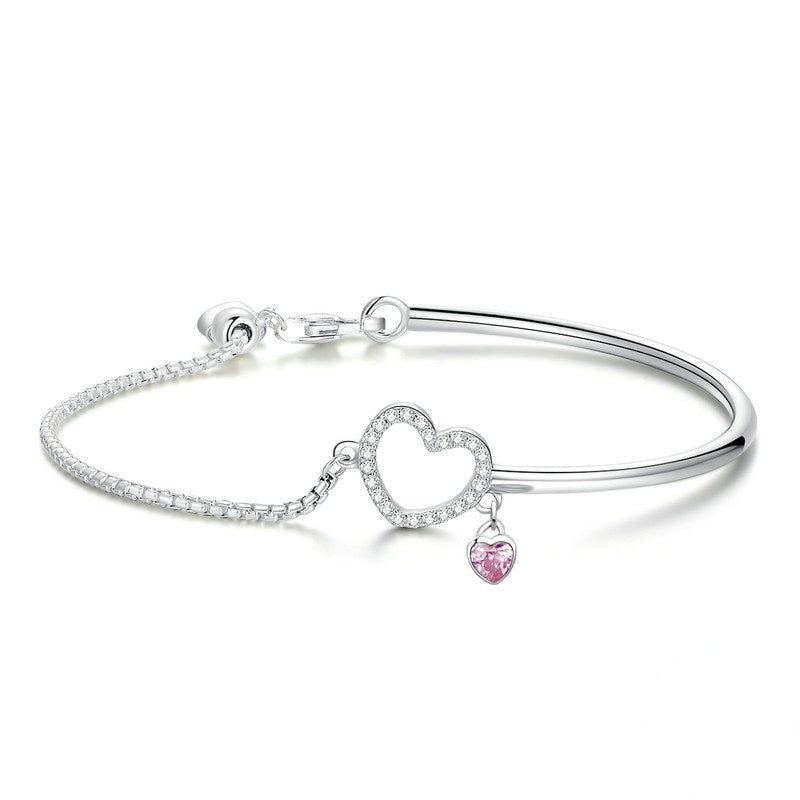 Bracelet Coeur Lumineux jonc en argent 925 plaqué or blanc ajustable avec zircons blancs et rose