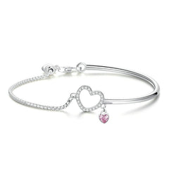 Bracelet Coeur Lumineux jonc en argent 925 plaqué or blanc ajustable avec zircons blancs et rose