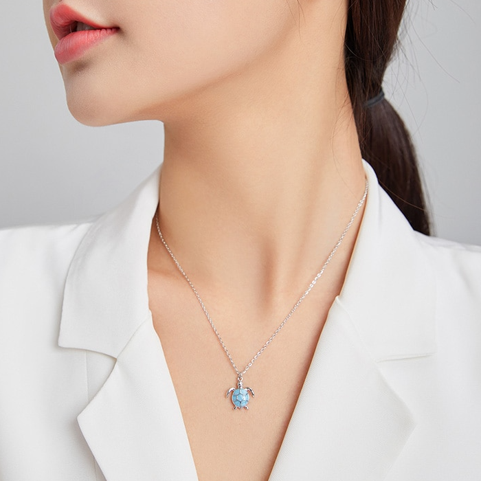 Collier Tortue en argent 925 plaqué or blanc ajustable avec pendentif émaillé turquoise - Photo 2