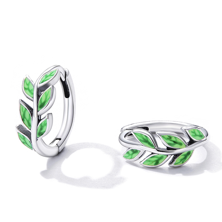 Boucles d’Oreilles Créoles Feuilles en argent 925 plaqué or blanc émaillées vertes - Photo 3