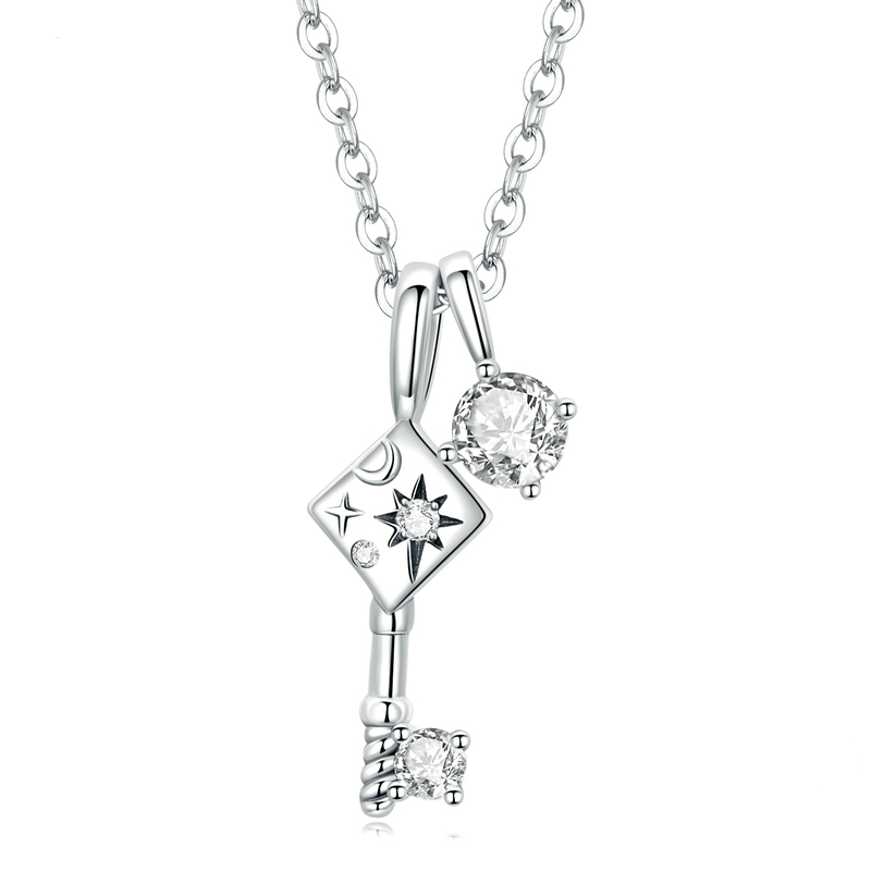 Collier Clé en argent 925 plaqué or blanc ajustable avec zircons blancs
