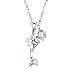 Collier Clé en argent 925 plaqué or blanc ajustable avec zircons blancs
