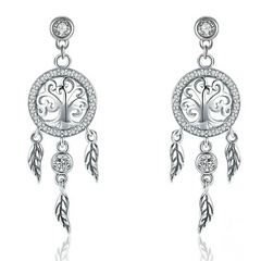Boucles d’Oreilles Attrape-Rêves avec Arbre de Vie Puces en Argent Sterling 925 plaqué or blanc avec zircons blancs