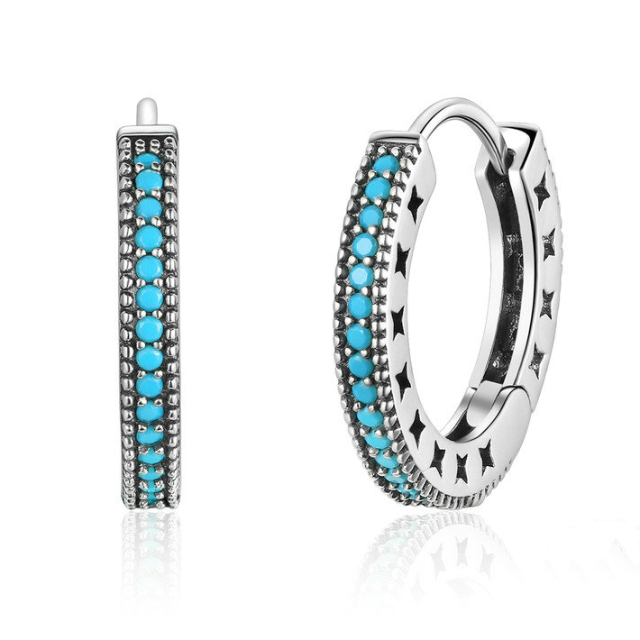 Boucles d’Oreilles Créoles Bleus en argent 925 plaqué or blanc avec zircons bleus