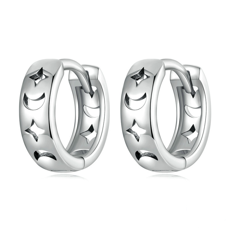 Boucles d’Oreilles Créoles Lunes et Étoiles en argent 925 plaqué or blanc