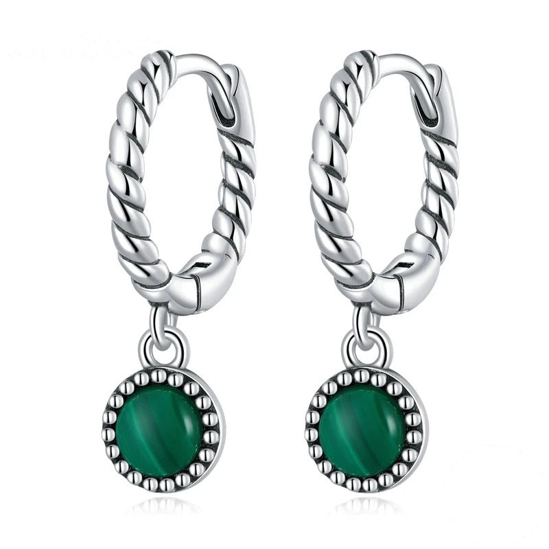 Boucles d’Oreilles Créoles Pendentif Malachite en argent 925 plaqué or blanc avec zircons violets