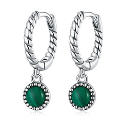 Boucles d’Oreilles Créoles Pendentif Malachite en argent 925 plaqué or blanc avec zircons violets