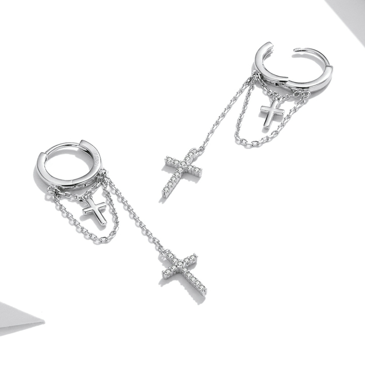 Boucles d'Oreilles Créoles Pendentif Croix - Image 4