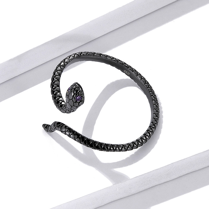 Bague Serpent Noir en argent 925 plaqué or noir ajustable avec zircons violet - Photo 5