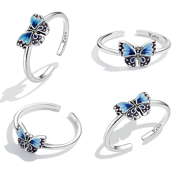 Bague Papillon en argent 925 plaqué or blanc ajustable émaillé à la main - Photo 3