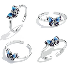 Bague Papillon en argent 925 plaqué or blanc ajustable émaillé à la main - Photo 3