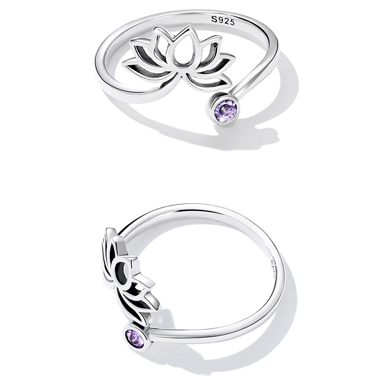 Bague Fleur de Lotus en argent 925 plaqué or blanc ajustable avec zircon violet - Photo 5