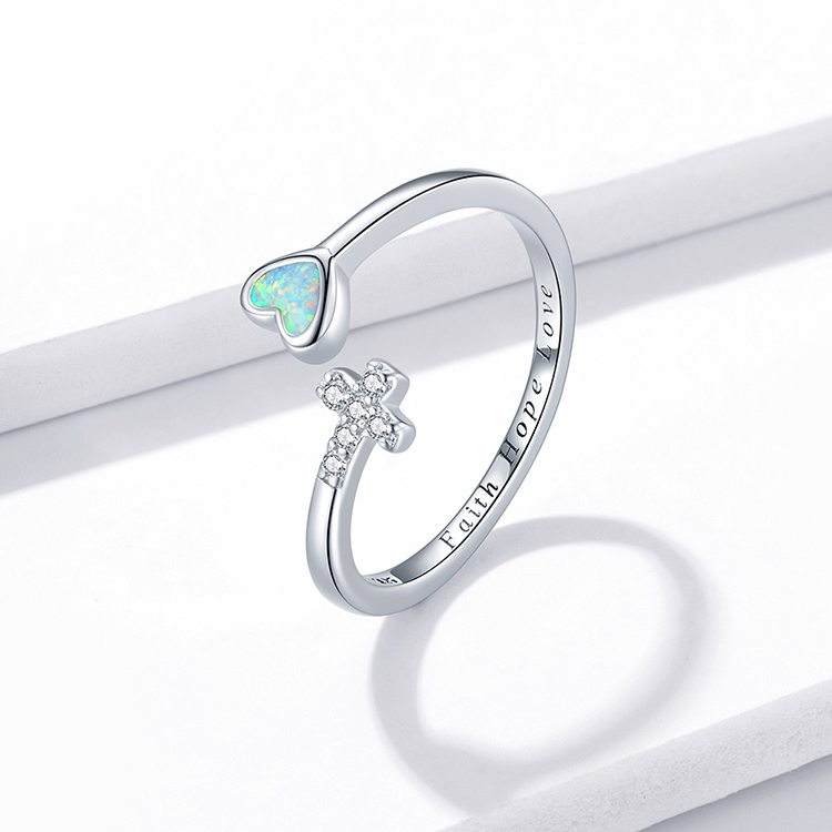 Bague Croix et Coeur en argent 925 plaqué or blanc ajustable avec zircons blancs et opale - Photo 3