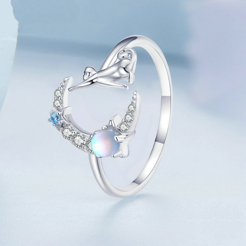 Bague Chat Lune et Étoiles en argent 925 plaqué or blanc ajustable avec pierre de lune et zircons blancs et bleus - Photo 3