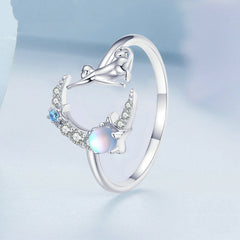 Bague Chat Lune et Étoiles en argent 925 plaqué or blanc ajustable avec pierre de lune et zircons blancs et bleus - Photo 3