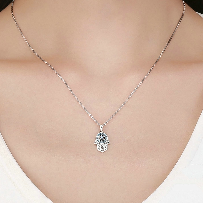 Collier Hamsa Brillant Argent Sterling 925 plaqué or blanc avec zircons bleus - Photo 2