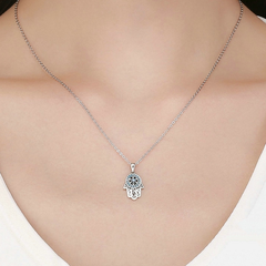 Collier Hamsa Brillant Argent Sterling 925 plaqué or blanc avec zircons bleus - Photo 2
