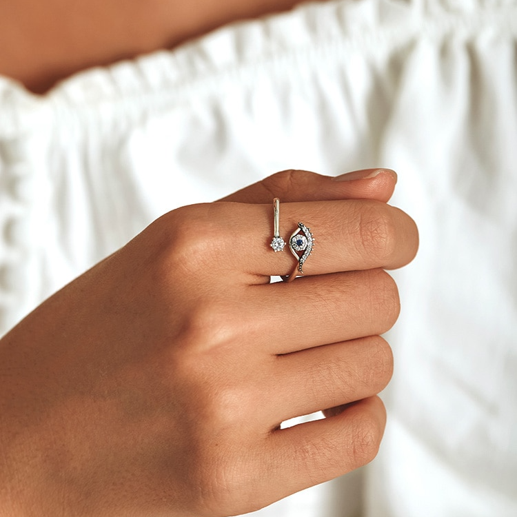 Bague Oeil de Protection en argent 925 plaqué or blanc ajustable avec zircons blancs et bleu - Photo 6