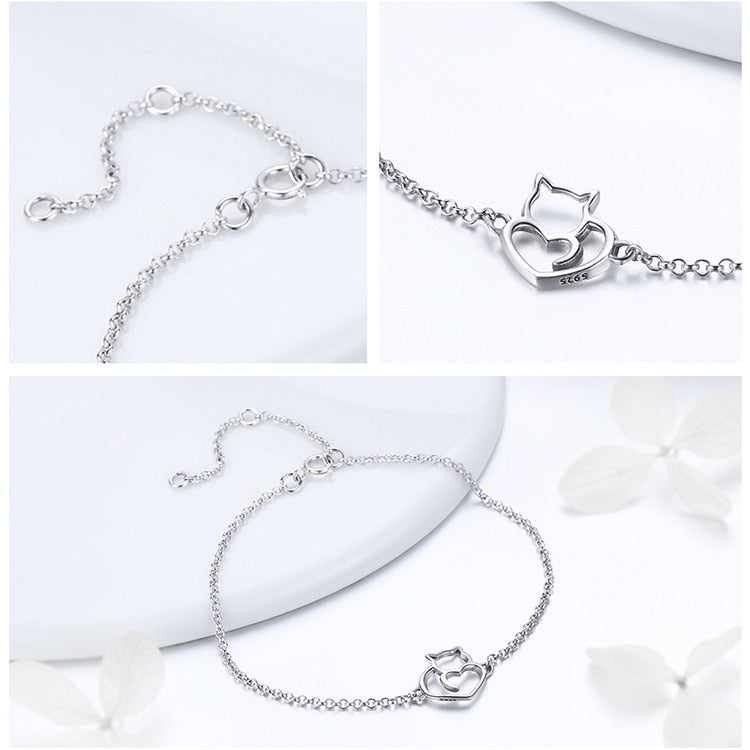 Bracelet Chat avec Coeur en argent 925 plaqué or blanc avec fermoir ajustable - Photo 5