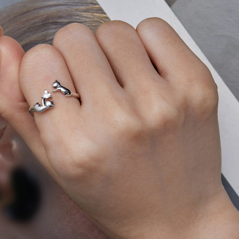 Bague Chats en argent 925 plaqué or blanc ajustable avec coeur en zircon blanc - Photo 5