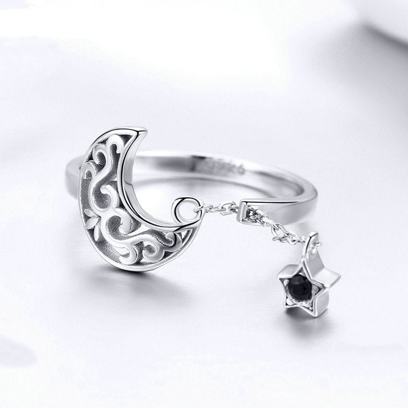 Bague Lune et Étoile en argent 925 plaqué or blanc ajustable avec chaîne et zircon noir - Photo 5