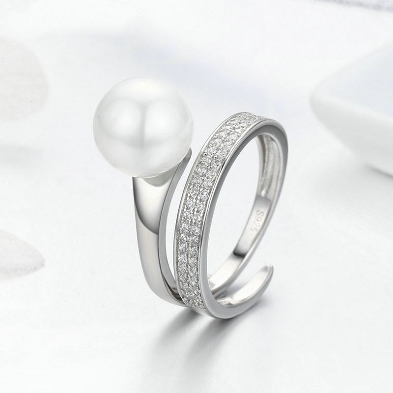 Bague Perle Brillante en argent 925 plaqué or blanc ajustable avec zircons blancs - Photo 3