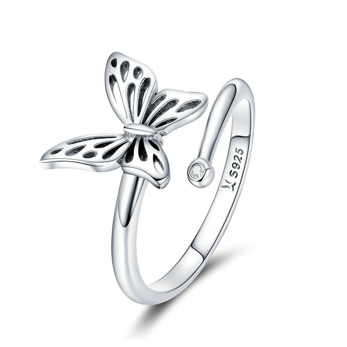 Bague Papillon en argent 925 plaqué or blanc ajustable avec zircon blanc