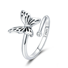 Bague Papillon en argent 925 plaqué or blanc ajustable avec zircon blanc