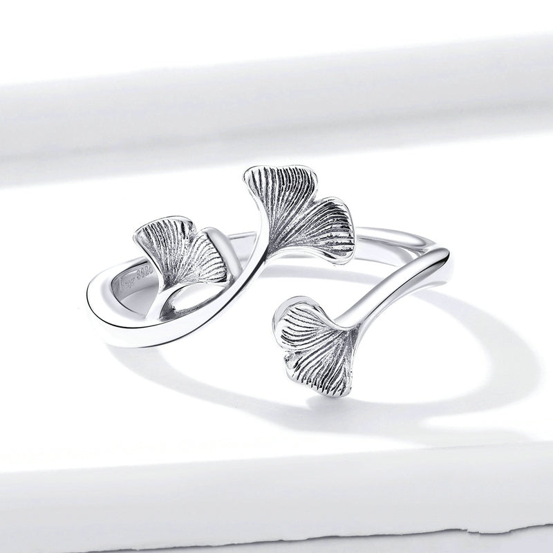 Bague Feuilles de Ginkgo en argent 925 plaqué or blanc ajustable - Photo 4