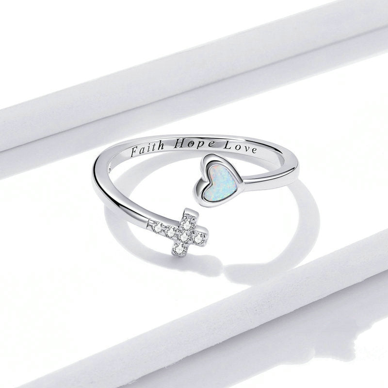 Bague Croix et Coeur en argent 925 plaqué or blanc ajustable avec zircons blancs et opale - Photo 4