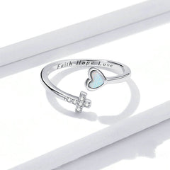 Bague Croix et Coeur en argent 925 plaqué or blanc ajustable avec zircons blancs et opale - Photo 4