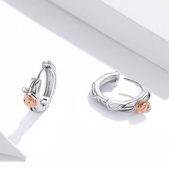 Boucles d’Oreilles Créoles Roses en argent 925 plaqué or blanc et or rose - Photo 5