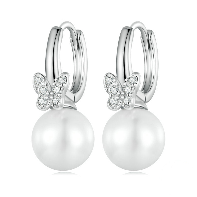 Boucles d’Oreilles Créoles Papillons et Perles en argent 925 plaqué or blanc avec zircons blancs