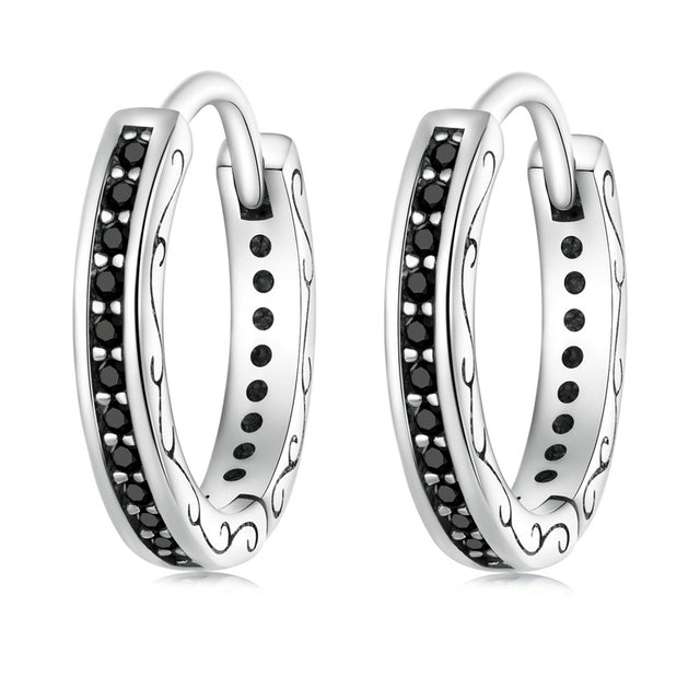Boucles d’Oreilles Créoles Noirs en argent 925 plaqué or blanc avec zircons noirs