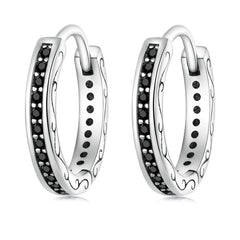 Boucles d’Oreilles Créoles Noirs en argent 925 plaqué or blanc avec zircons noirs