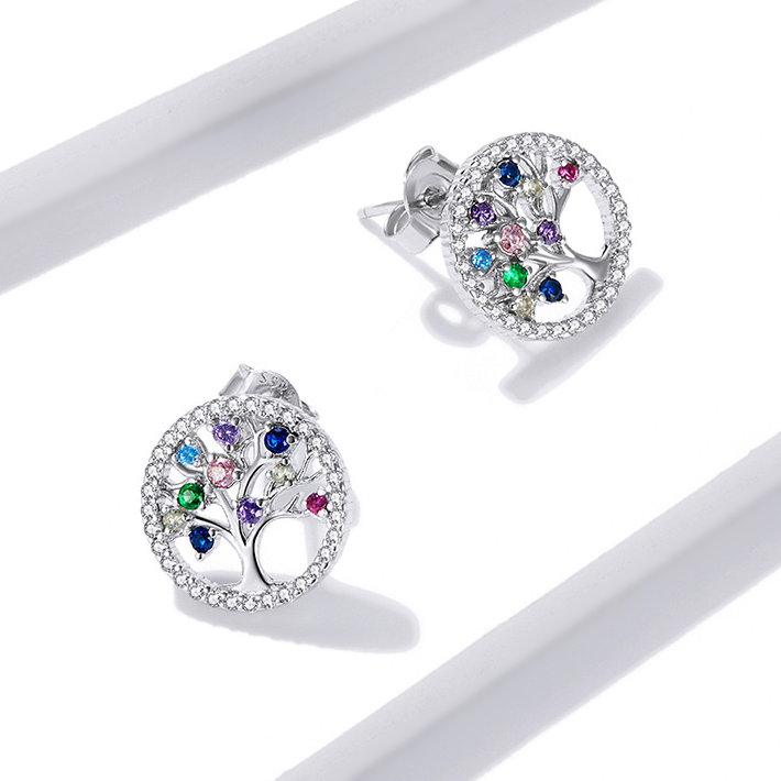 Boucles d’Oreilles Arbre de Vie Puces en Argent Sterling 925 plaqué or blanc avec pavé de zircons colorés - Photo 4