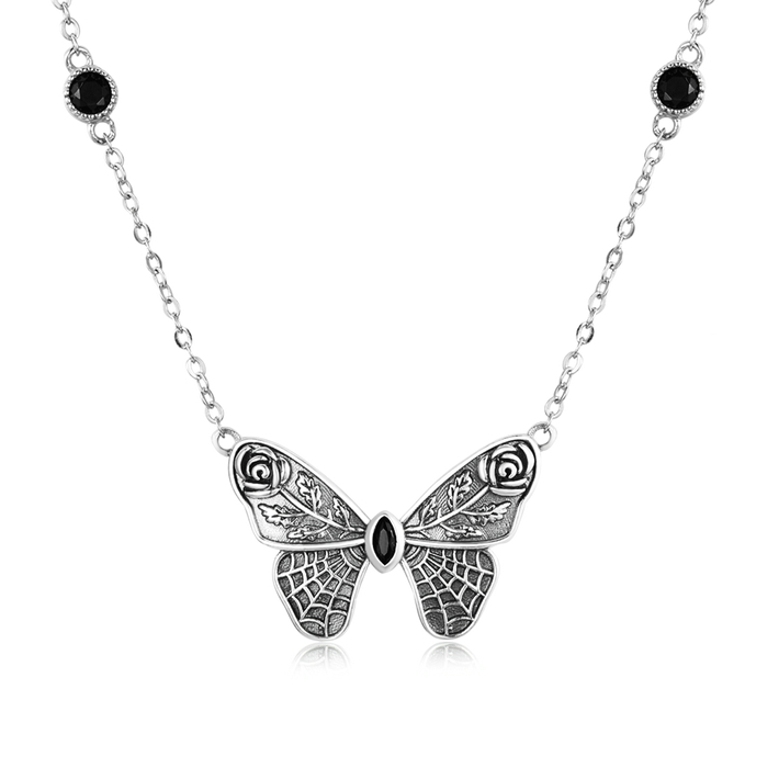 Collier Papillon en argent 925 plaqué or blanc avec zircons noirs et fermoir ajustable