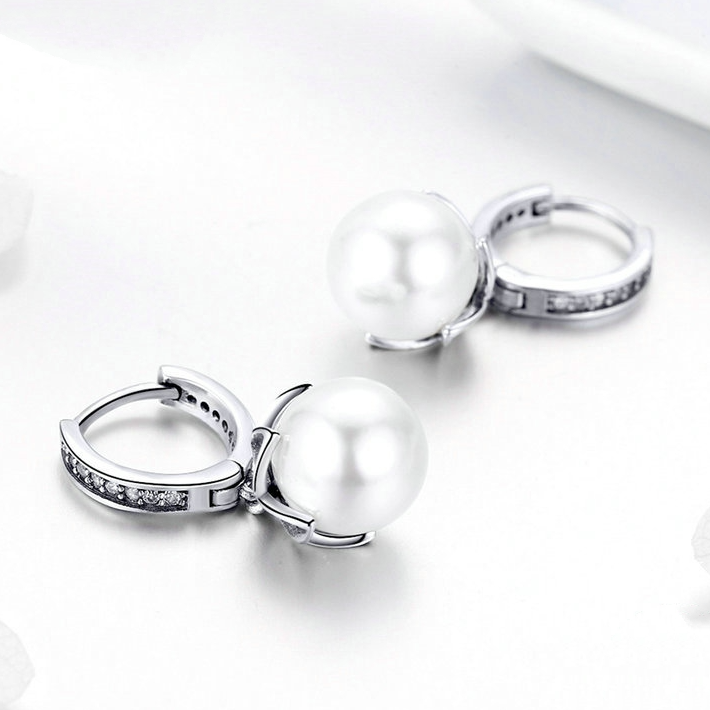 Boucles d’Oreilles Créoles Pendentif Perles en argent 925 plaqué or blanc avec zircons blancs - Photo 4