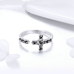 Bague Croix en argent 925 plaqué or blanc ajustable avec zircons noirs - Photo 4