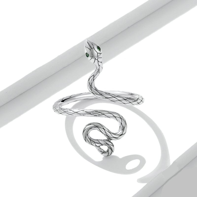 Bague Serpent Python en argent 925 plaqué or blanc ajustable avec yeux en zircon vert - Photo 3