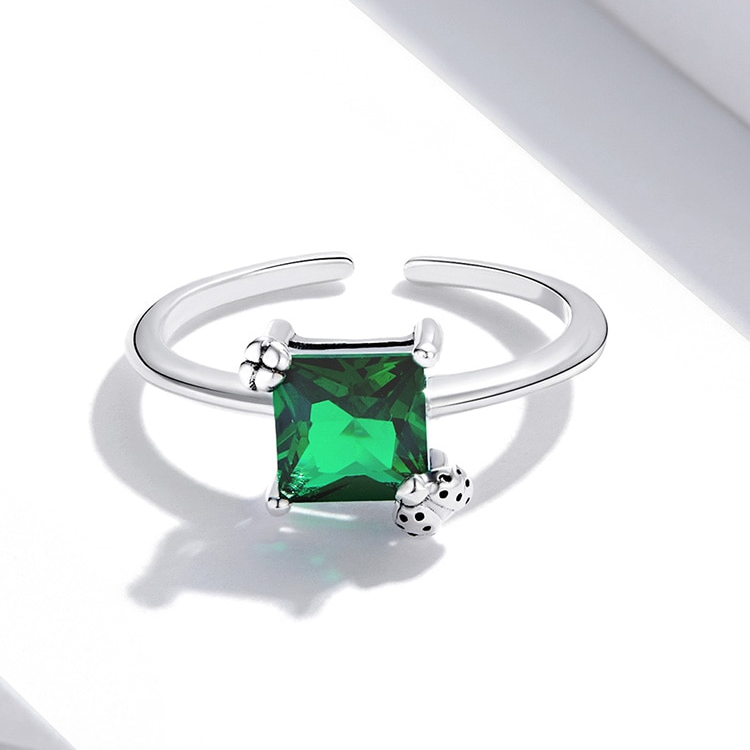 Bague Coccinelle en argent 925 plaqué or blanc ajustable avec zircon vert - Photo 3