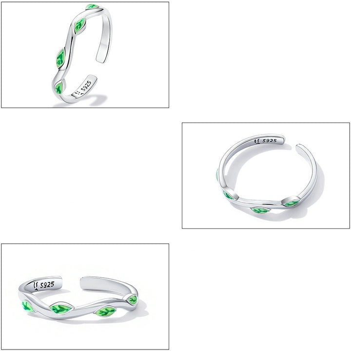 Bague Feuilles Vertes en argent 925 plaqué or blanc ajustable émaillé à la main - Photo 5