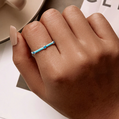 Bague Turquoise en argent 925 plaqué or blanc ajustable émaillée à la main avec des zircons bleus - Photo 2