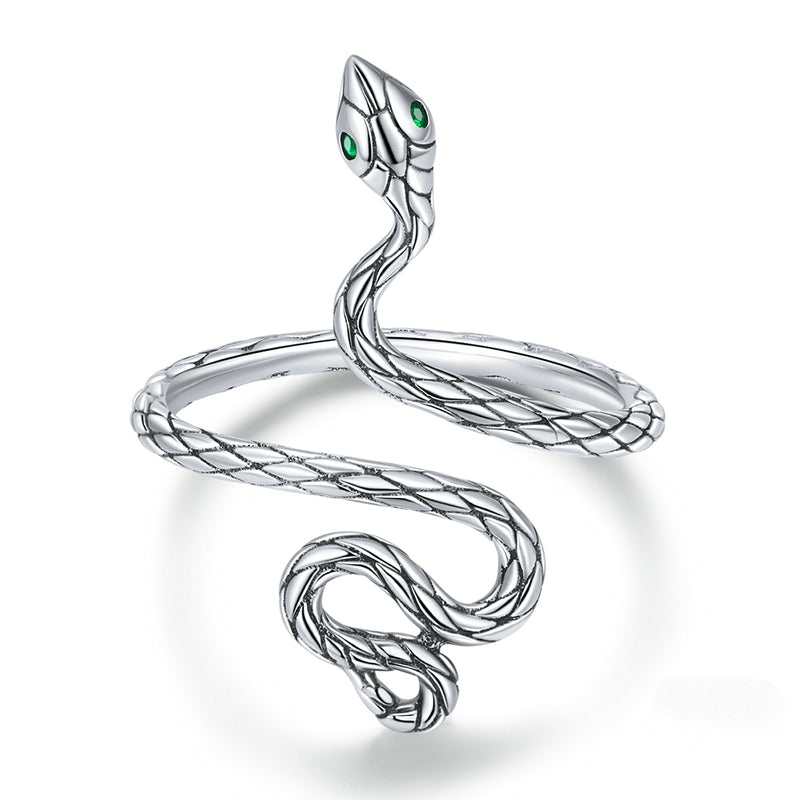 Bague Serpent Python en argent 925 plaqué or blanc ajustable avec yeux en zircon vert