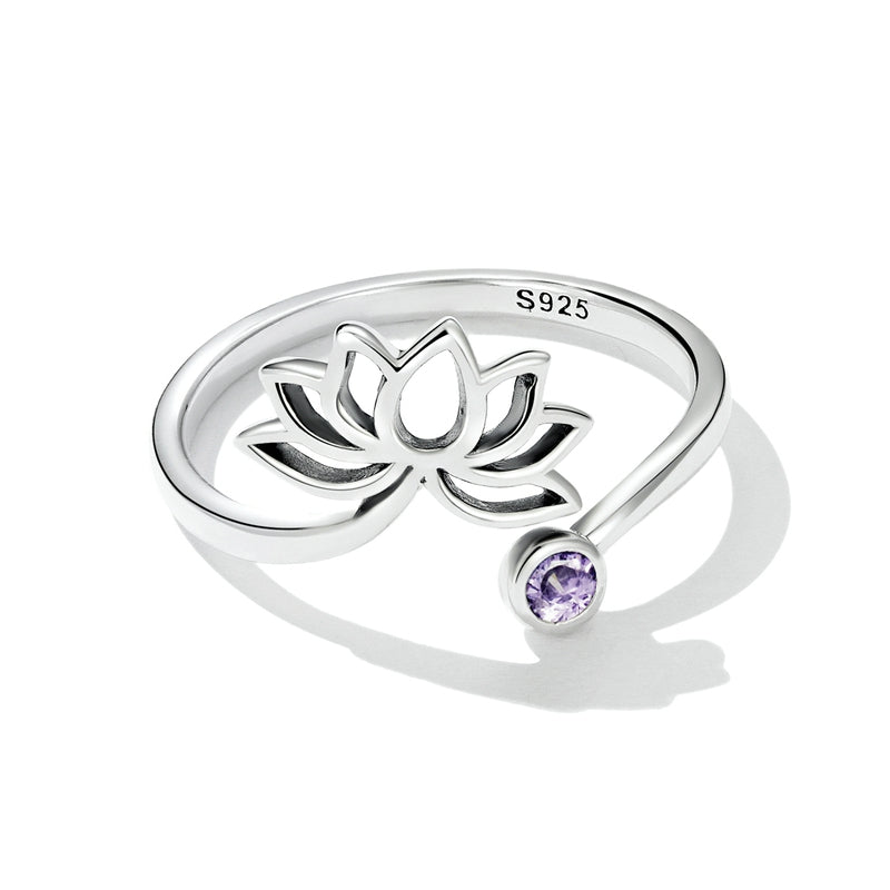 Bague Fleur de Lotus en argent 925 plaqué or blanc ajustable avec zircon violet - Photo 3