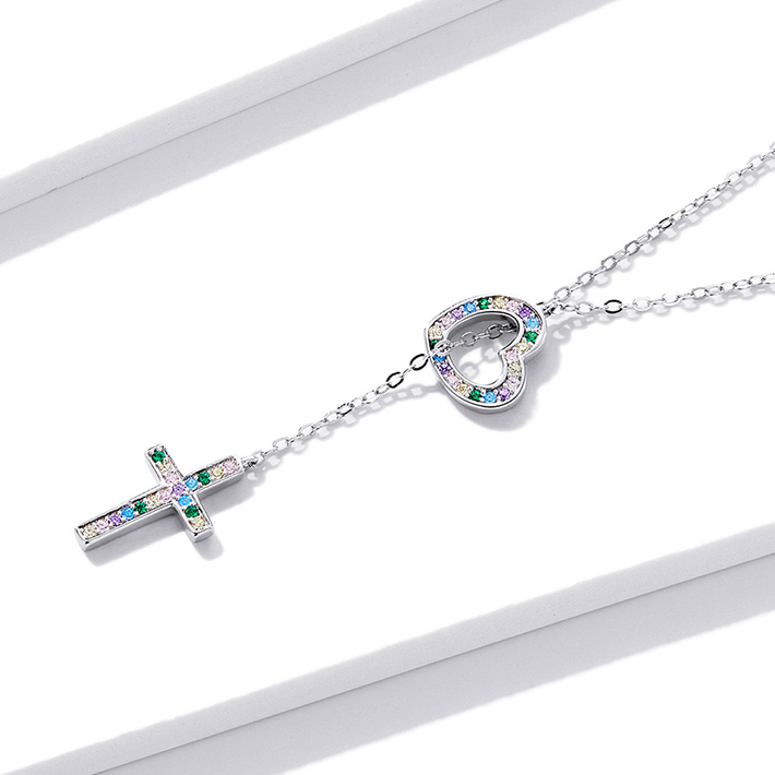 Collier Coeur avec Croix en argent 925 plaqué or blanc avec zircons colorés - Photo 5