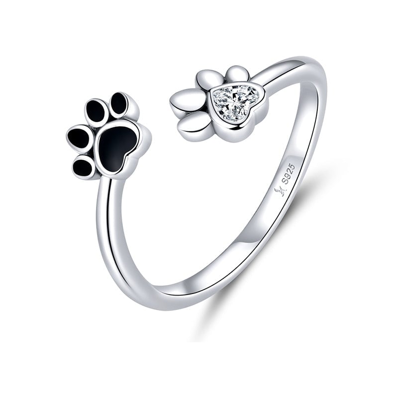 Bague Pattes en argent 925 plaqué or blanc émaillé noir avec zircon blanc ajustable