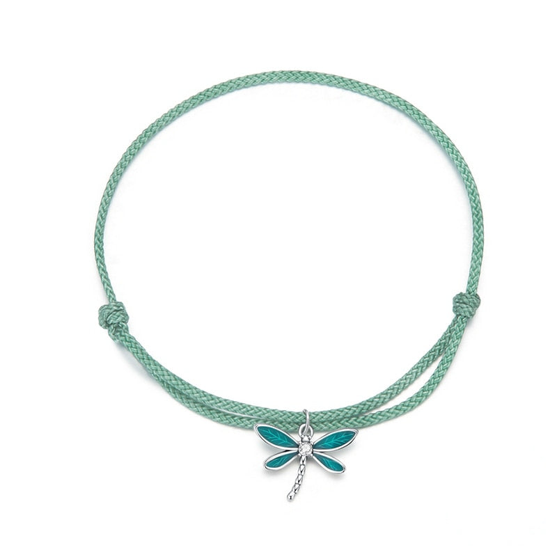 Bracelet Libellule style marin en corde vert ajustable avec libellule en argent 925 émaillé vert