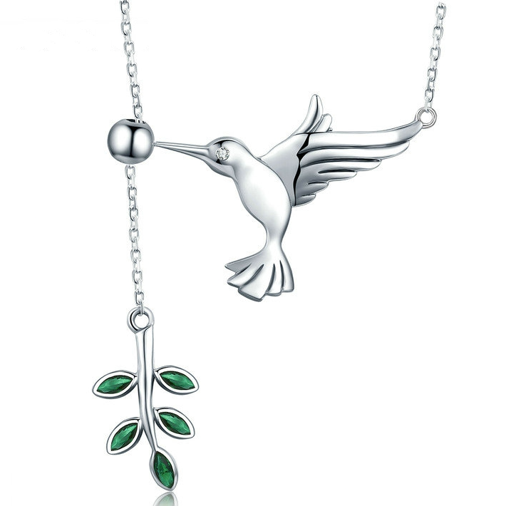 Collier Colibri avec Brindille d’Olivier Argent Sterling 925 plaqué or blanc avec zircons verts et fermoir ajustable